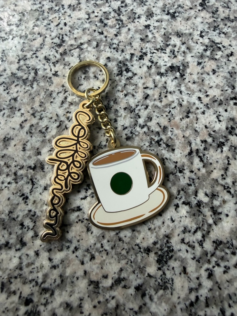 Starbucks Gold Script & White Coffee Cup Keychain with Green Logo